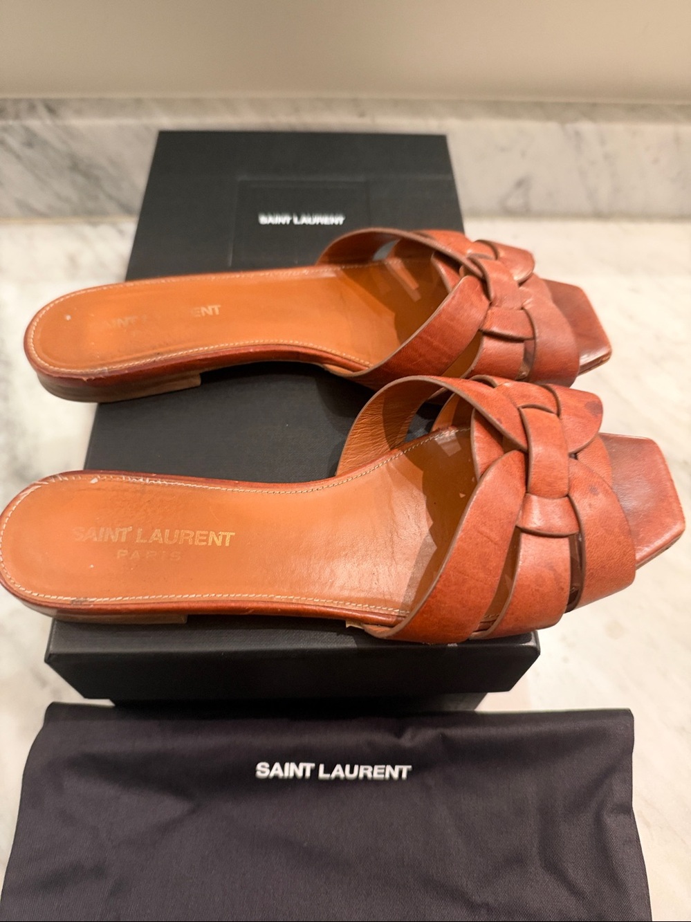 Saint Laurent Tribute Braided Leather Slide Sandals - Tan Brown